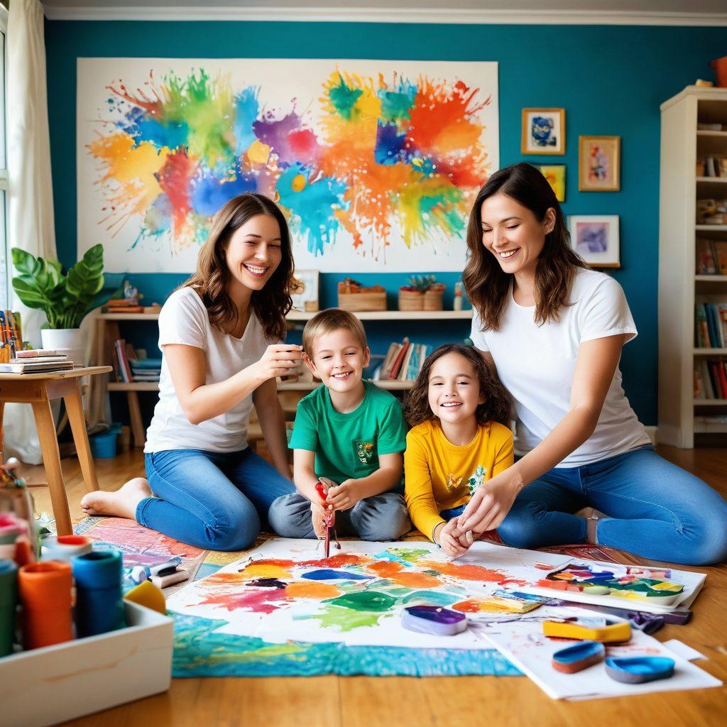 A joyful family engaging in various creative activities together, such as painting, building a colorful fort, and playing with clay in a sunlit living room filled with art supplies. Emphasize laughter, collaboration, and the warm atmosphere of creativity and fun. Incorporate elements that showcase imagination, like drawings on the walls and playful designs. vibrant colors. super-realistic. cheerful mood.