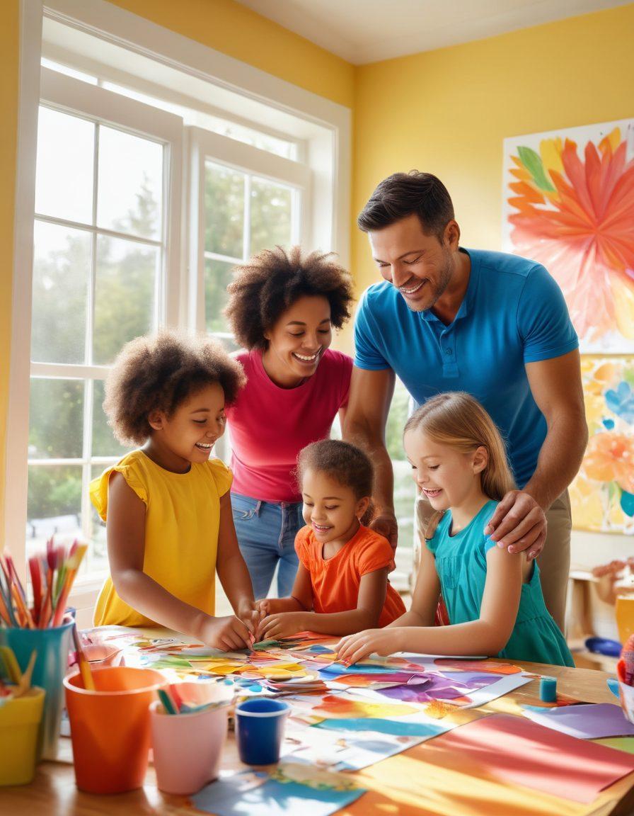 A joyful family working together on a colorful arts and crafts project in a bright living room, surrounded by various child-friendly materials like paper, paint, and scissors. The parents are encouraging their children as they create, with smiles on everyone's faces, illustrating a strong bond and teamwork. Sunlight streaming through a window enhances the warmth of the scene. vibrant colors. super-realistic.