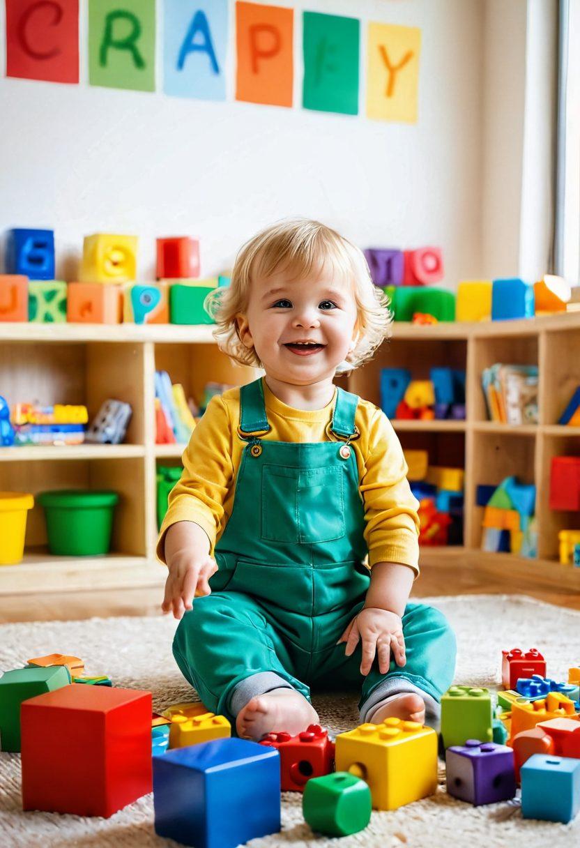 A colorful scene of a joyful toddler engaged in educational play, surrounded by various educational toys and books. Include bright building blocks, a playful alphabet poster in the background, and a warm, inviting playroom setting with soft light. Capture the essence of creativity and learning in a vibrant atmosphere. super-realistic. vibrant colors. cozy interior.